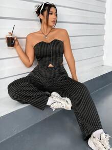Flirla Plus Striped Print Tube Top & Pants - Black - View 1