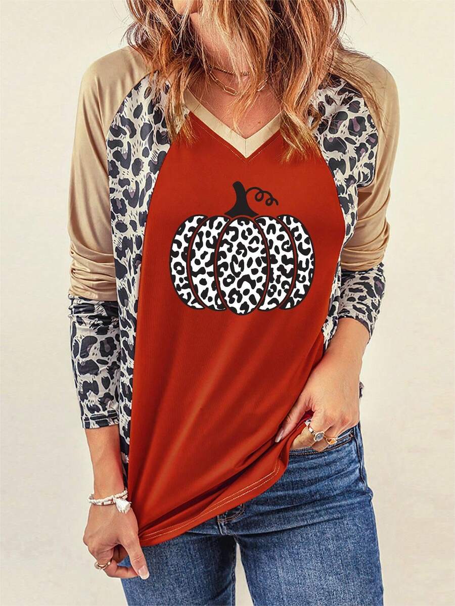 Leopard & Pumpkin Print Raglan Sleeve Tee