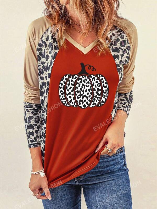 T-shirt Léopard & Imprimé Citrouille Manches Raglan