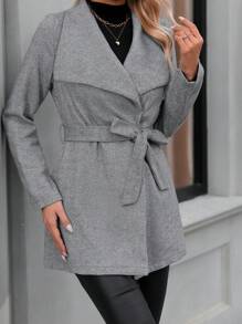 SHEIN Clasi 瀑布領束帶大衣 - 深灰色 - 查看 5