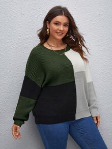 SHEIN LUNE 大碼撞色落肩袖套頭毛衣 - 彩色 - 查看 5