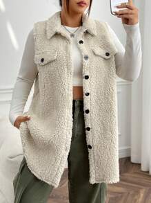 SHEIN EZwear Plus Flap Detail Teddy Vest Coat, For Winter - Beige - View 6