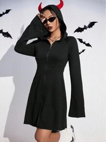 SHEIN EZwear Flounce Sleeve Zip Up Hooded Dress - Black - View 4