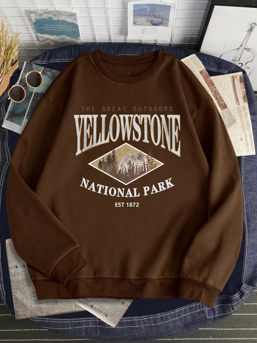 Manfinity Dauomo Men Mountain & Letter Graphic Thermal Lined Sweatshirt - Coffee Brown - View 1