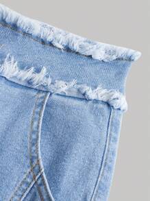 青少年女孩毛邊緣牛仔喇叭褲 - 中等水洗藍 - 查看 4