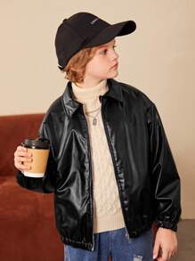 SHEIN 男大童拉鏈開襟PU皮革夾克無毛衣 - 黑色 - 查看 1