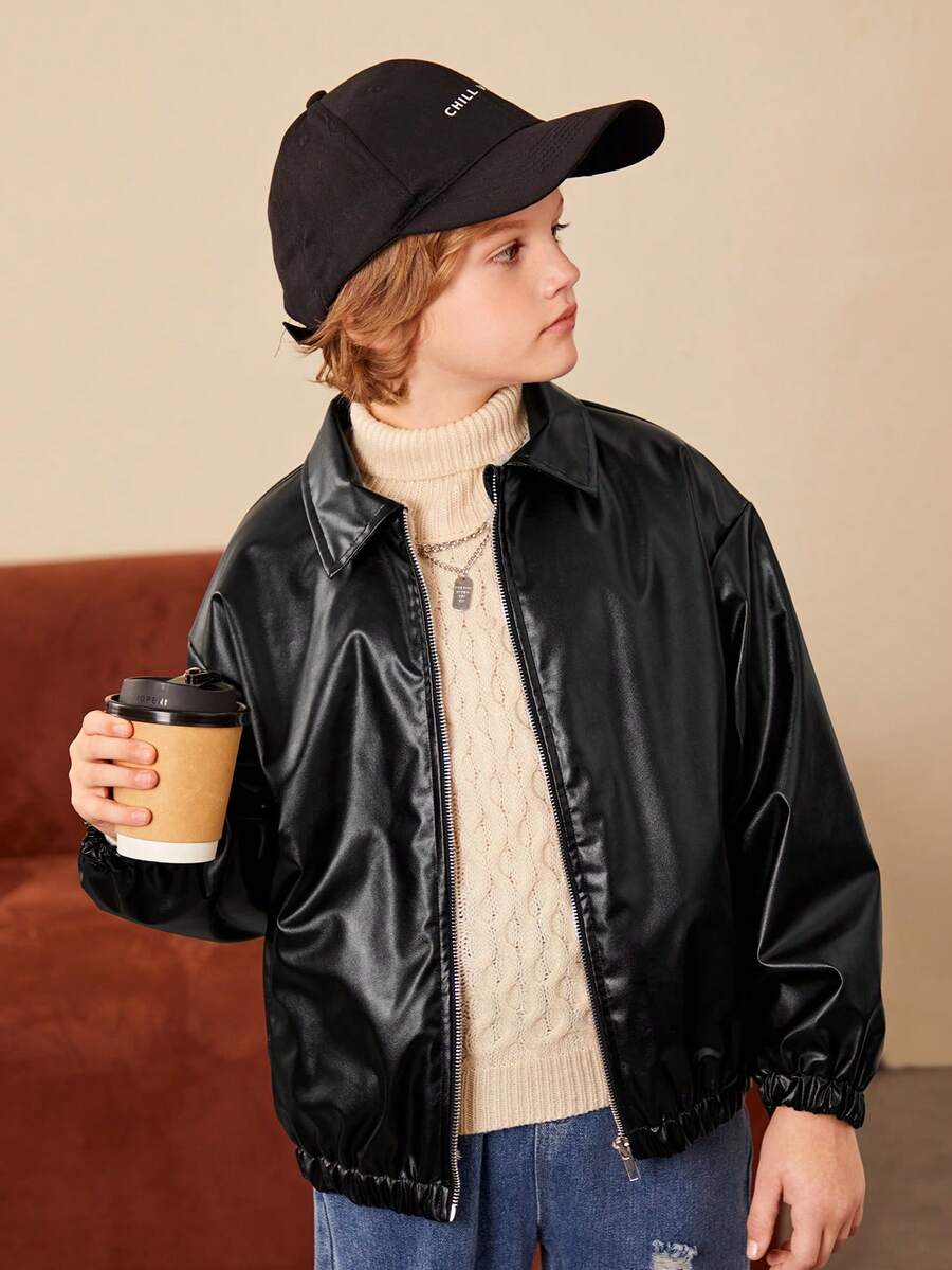 SHEIN 男大童拉鏈開襟PU皮革夾克無毛衣 - 黑色 - 查看 1