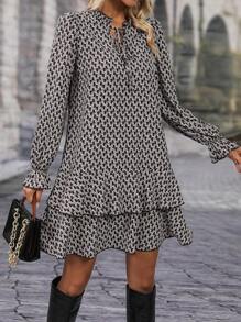 EMERY ROSE Allover Print Flare Sleeve Tie Front Ruffle Hem Smock Dress