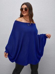 Calvaya Suéter de punto con mangas de murciélago y hombros descubiertos para otoño e invierno, talla grande - Azul - Ver 3