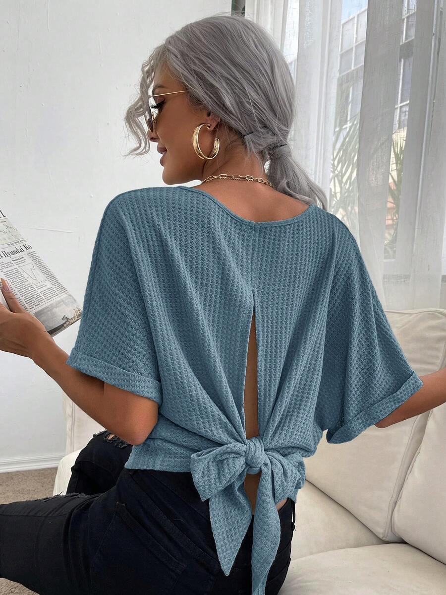 SHEIN Essnce 後綁帶蝙蝠袖華夫格編織T恤 - 霧霾藍 - 查看 1