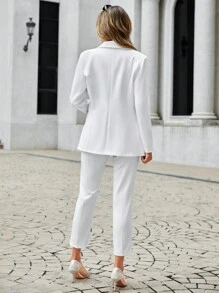 EURMUSE 95% Cotton Double Breasted Blazer & Pants - White - View 2