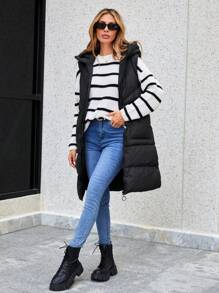 SHEIN Cottnline Dual Pocket Hooded Puffer Vest Coat - Black - View 6