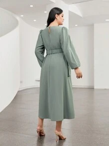 Mulvari 大碼翻蓋口袋燈籠袖繫腰帶洋裝 - 綠色 - 查看 6