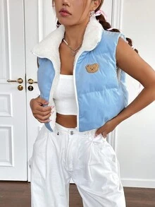 SHEIN EZwear Bear Print Zip Up Crop Vest Padded Coat - Blue - View 3