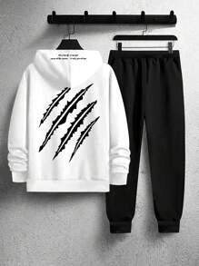 Manfinity Roghcode 男士標語圖案袋鼠口袋抽繩連帽衫和運動褲 - 白色 - 查看 6