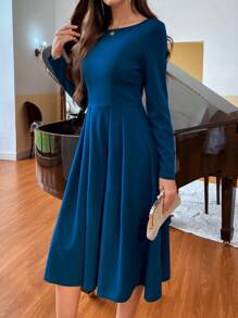 EMERY ROSE Solid Zip Back Plicated Hem Dress - Teal Blue - View 5