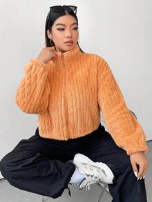 Flirla Plus Zip Up Drop Shoulder Crop Teddy Jacket - Orange - View 7