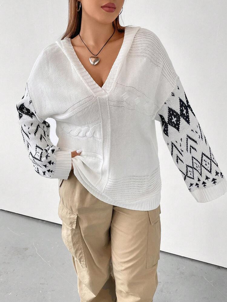 Plus Geo Pattern Drop Shoulder Hooded Sweater Knit Pullover Fall Winter Sweater