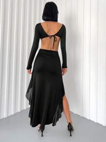 RueChic Tie Front Cut Out Waist Ruffle Hem Mesh Overlay Dress - Black - View 2