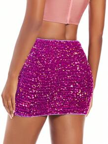 SHEIN BAE 聖誕垂褶正面亮片緊身半身裙 - 紫色 - 查看 3