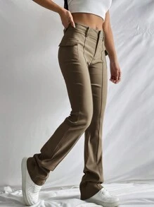 SHEIN EZwear Flap Pocket Side Boot-cut Leg Pants - Khaki - View 3