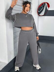 Flirla 大碼頂針落肩袖短款運動衫和運動褲 - 灰色 - 查看 4