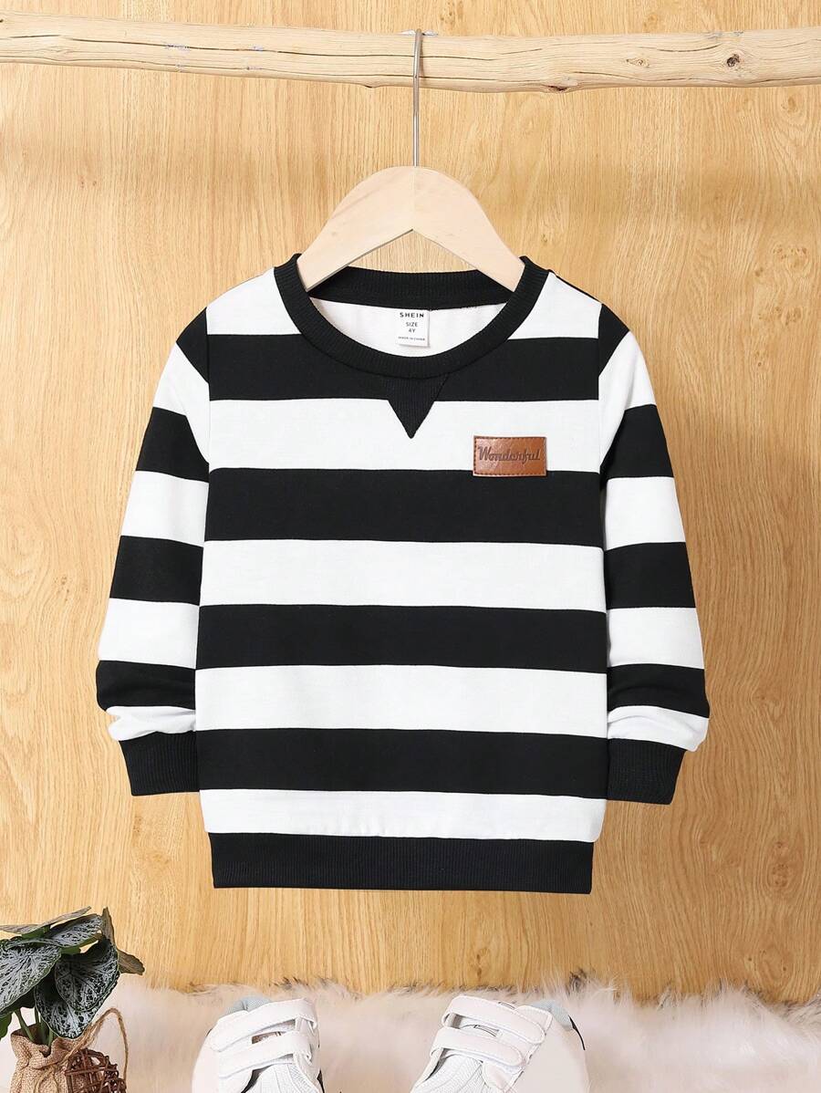 SHEIN 小男孩霍格華茲條紋圓領常規肩套頭衫 - 黑與白 - 查看 1