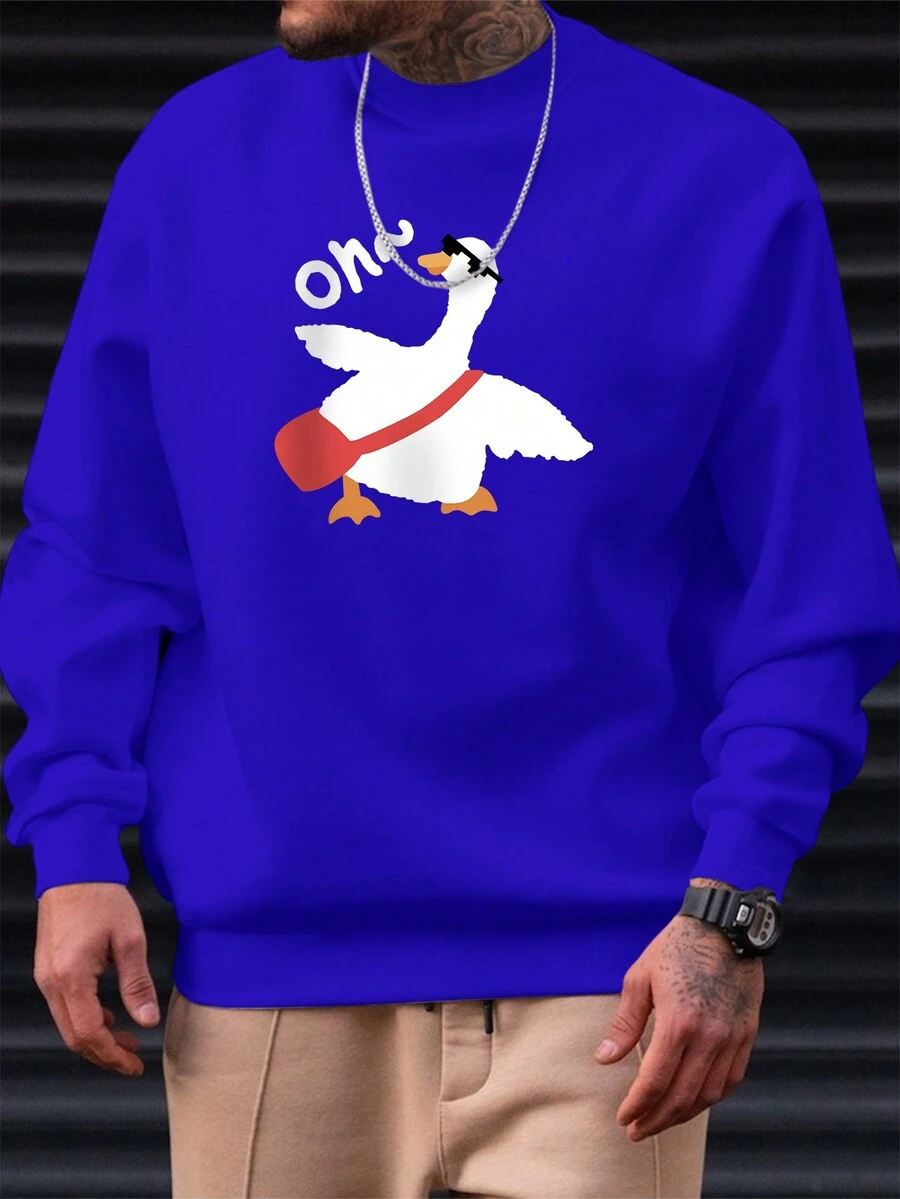 Manfinity Homme Men Cartoon Duck & Letter Graphic Sweatshirt - Navy Blue - View 1