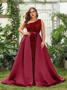 Plus One Shoulder Contrast Sequin Split Thigh Party Dress