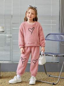 SHEIN Young Girl Heart Embroidery Drop Shoulder Teddy Sweatshirt & Pants - Dusty Pink - View 3