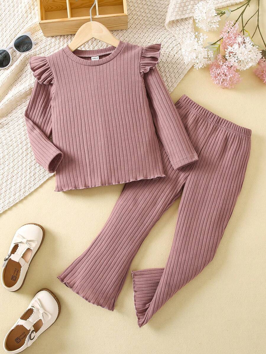 SHEIN Conjunto casual rosa de pantalones acampanados de manga larga de color sólido para niña joven para otoño - Rosa vieja - Ver 1
