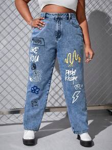 SHEIN EZwear 大碼花卉和字母圖案高腰直筒牛仔褲 - 中等水洗藍 - 查看 1