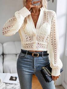 Aveloria Modichic Áo crop top cài nút khoét sâu phía trước, áo crop top tay dài cài nút đơn giản màu trắng cho nữ, áo cánh nữ, mùa xuân/thu, áo sơ mi cài nút mặc hàng ngày cho nữ - trắng - Xem 4