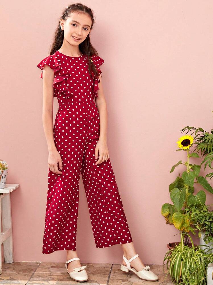 SHEIN Tween Girl Ruffle Armhole Wide Leg Polka Dot Jumpsuit - Burgundy - View 4
