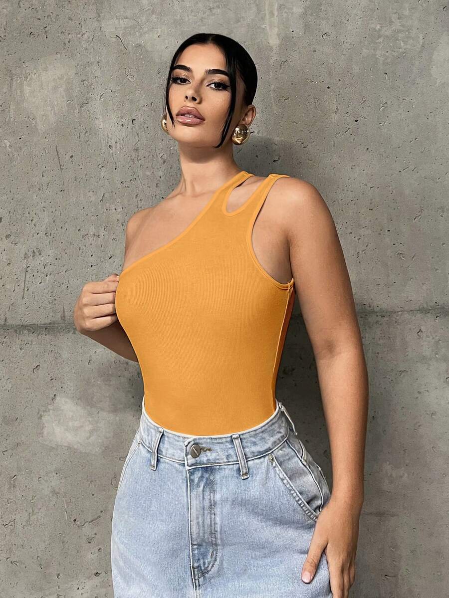 SHEIN ICON 一肩鏤空連體衣 - 橘色 - 查看 1