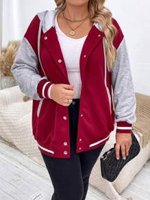 Calvaya Plus Colorblock Drop Shoulder Drawstring Hooded Jacket - Burgundy - View 4