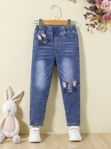Young Girl Cartoon Embroidery 3D Ears Design Jeans