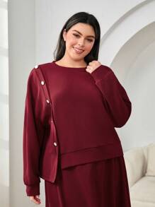 Mulvari Burgundy Red Plus Drop Shoulder Button Detail Sweatshirt & Skirt