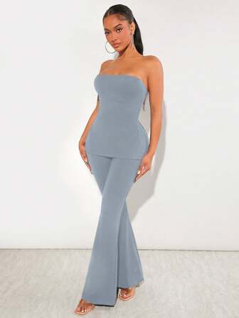 SHEIN SXY Solid Tube Top & Flare Leg Pants