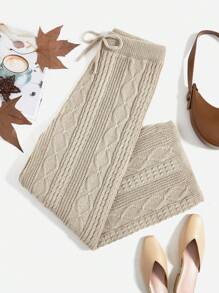 Flirla Plus Tie Waist Cable Knit Pants, For Winter