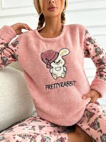 SHEIN Conjunto de pijama de franela con bordado de letras y dibujos animados - Rosa - Ver 3