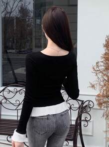 DAZY Kontrast-Panel Quadrat-Ausschnitt T-Shirt, Rüschen, Herbstkleidung Langarm Damen Tops - Schwarz - Übersicht 6