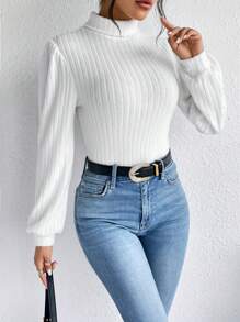 SHEIN Frenchy 白色纹理面料立领灯笼袖 T 恤 - 白色 - 查看 4