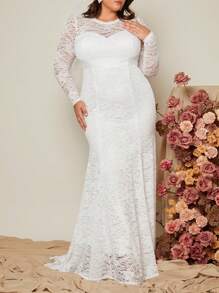 SHEIN Belle Plus Solid Lace Wedding Dress Without Veil - White - View 5