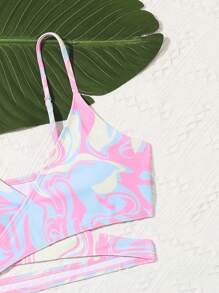 Conjunto de bikini envolvente con estampado integral y falda de playa para adolescentes, de verano