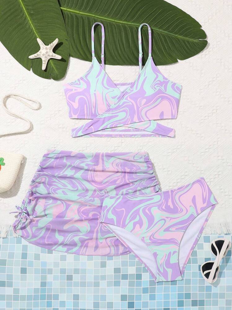 SHEIN Teen Girls Allover Print Wrap Bikini Set With Beach Skirt Summer Beach Summer Holiday - Multicolor - View 1