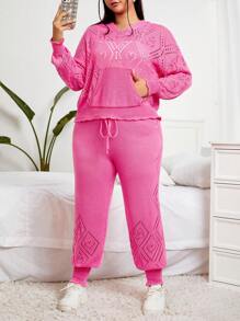 SHEIN EZwear 大碼挑窿針織落肩毛衣和針織褲 - 玫紅色 - 查看 1