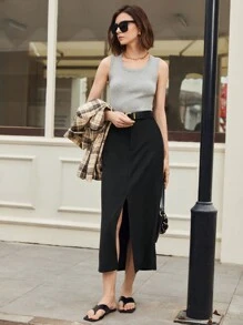 BizChic 女式黑色纯色前开衩 A 字型休闲基本款中长裙，秋冬款 - 黑色 - 查看 3