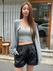 DAZY Chất rắn Nút phía trước Thả vai áo - Xám - Xem 3