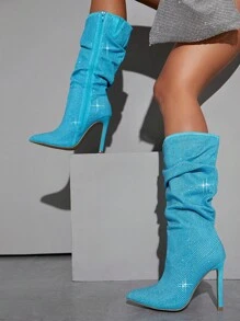 SHUZIA Pointy Toe Slip On Stiletto Boots - Blue - View 6